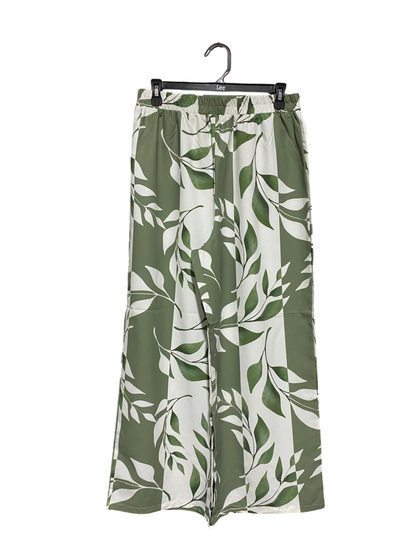 |L| WAIST 28| GREEN AND WHITE BOTANICAL WOMEN’S WIDE-LEG PALAZZO PANTS