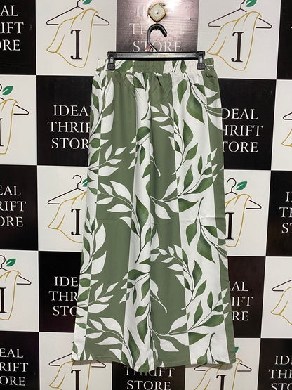 |L| WAIST 28| GREEN AND WHITE BOTANICAL WOMEN’S WIDE-LEG PALAZZO PANTS