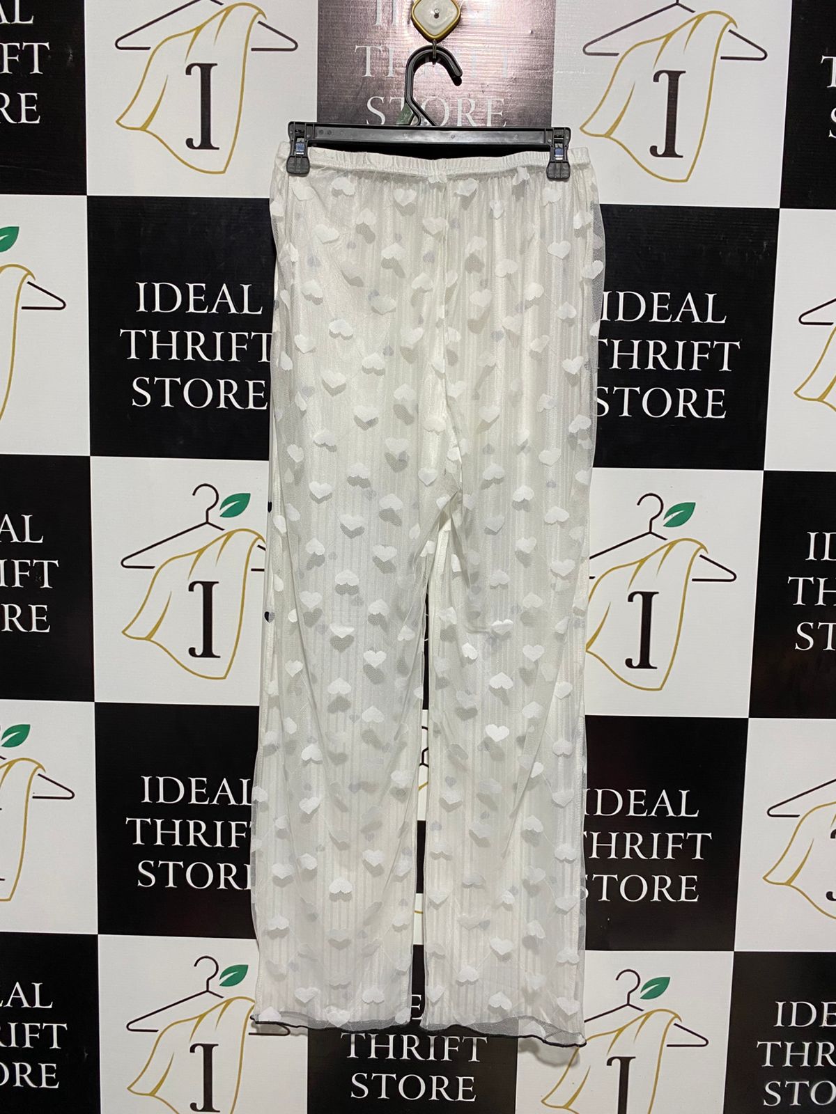 |M| WAIST 27|C1| WOMEN’S CHIC WHITE SATIN-FINISH TROUSERS NAVY HEART PRINT
