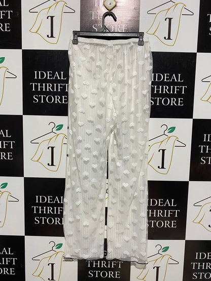 |M| WAIST 27|C1| WOMEN’S CHIC WHITE SATIN-FINISH TROUSERS NAVY HEART PRINT