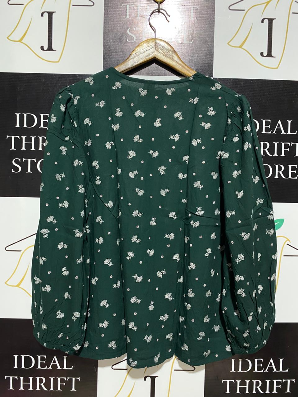 ANKO |L| BUST 20| WOMEN’S DARK GREEN FLORAL V-NECK BUTTON-DOWN BLOUSE