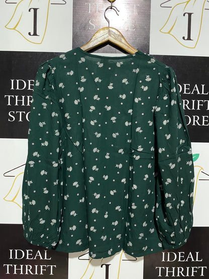 ANKO |L| BUST 20| WOMEN’S DARK GREEN FLORAL V-NECK BUTTON-DOWN BLOUSE