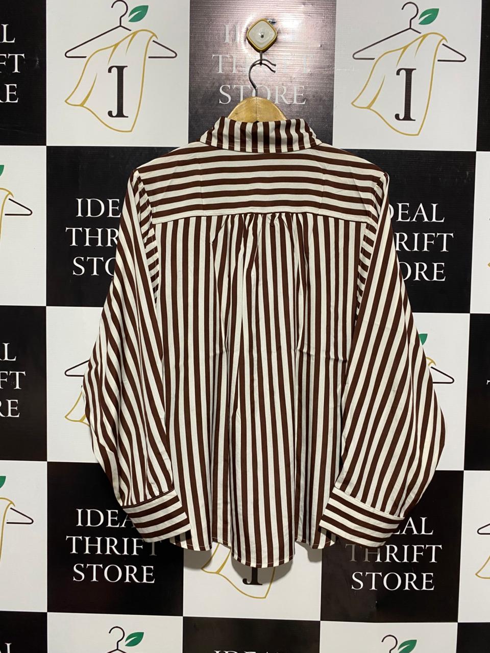 |XL| BUST 24| BROWN AND WHITE VERTICAL STRIPED BUTTON-DOWN SHIRT
