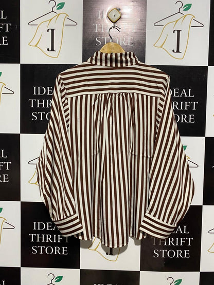 |XL| BUST 24| BROWN AND WHITE VERTICAL STRIPED BUTTON-DOWN SHIRT