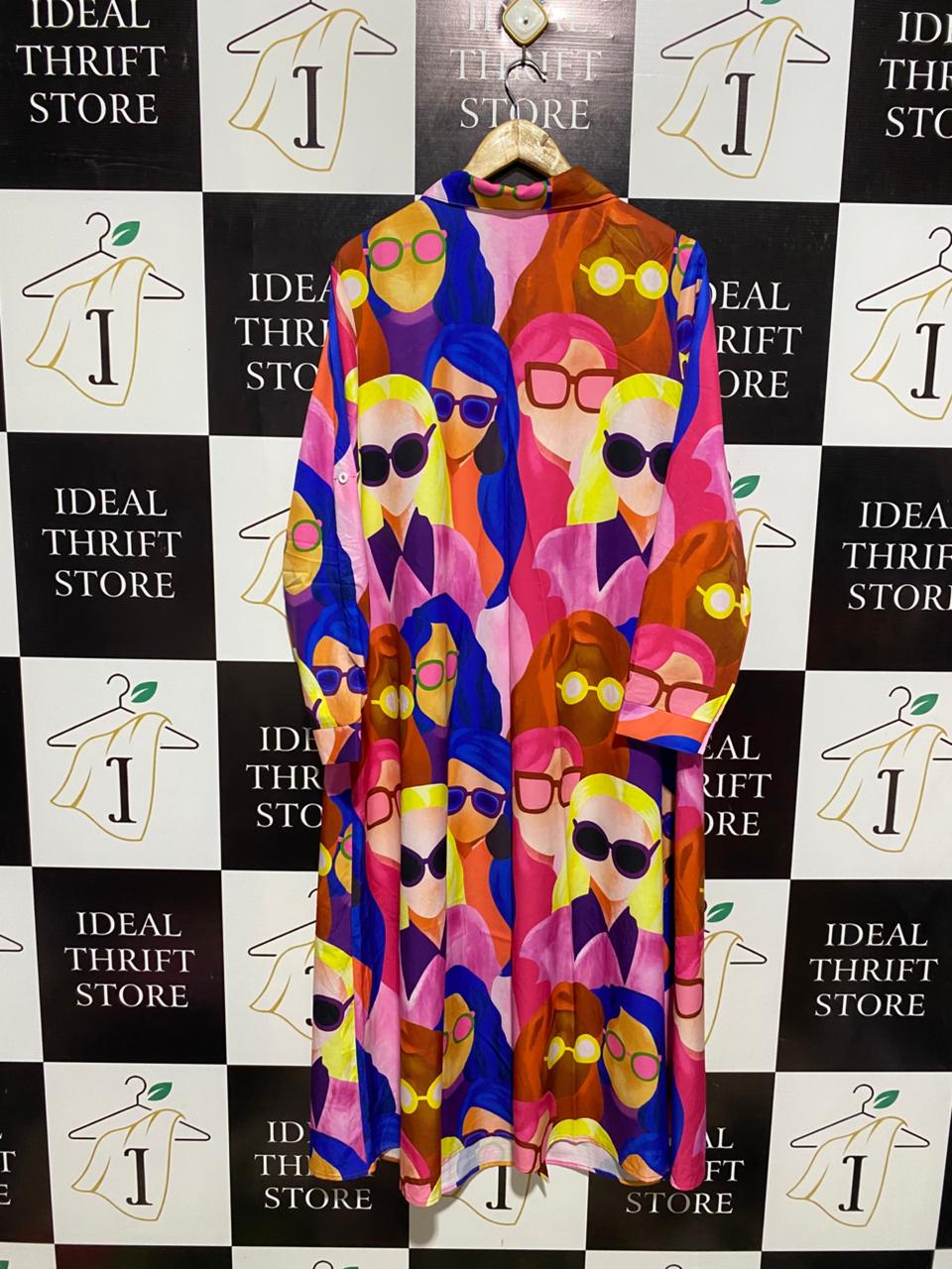 SHEIN CURVE |XL| BUST 23| C6| VIBRANT MULTICOLOR ARTISTIC PORTRAIT PRINT MAXI SHIRT DRESS