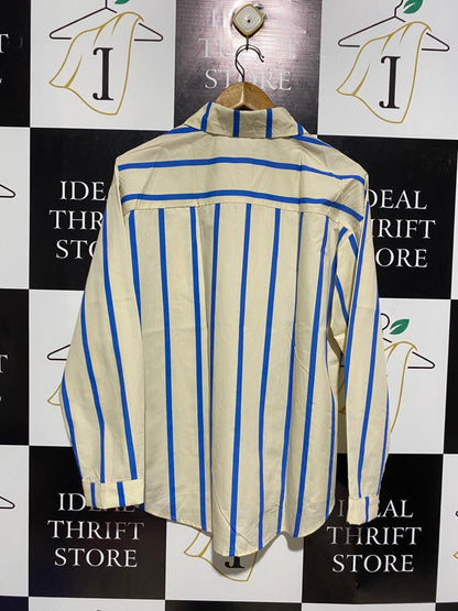|M| BUST 21|C9| VINTAGE STYLE CREAM AND BLUE VERTICAL STRIPED BUTTON-DOWN SHIRT