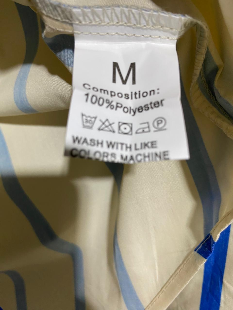 |M| BUST 21|C9| VINTAGE STYLE CREAM AND BLUE VERTICAL STRIPED BUTTON-DOWN SHIRT