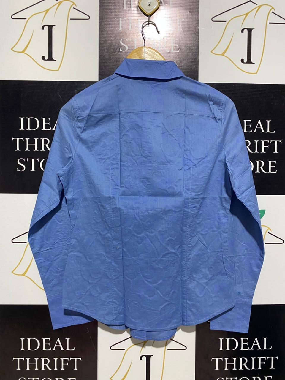 WOOL WORTHS |L| BUST 19| WOMAN BLUE LONG SLEEVE BUTTON-DOWN SHIRT WITH FLORAL EMBROIDERY