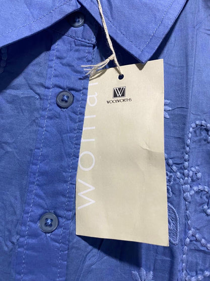 WOOL WORTHS |L| BUST 19| WOMAN BLUE LONG SLEEVE BUTTON-DOWN SHIRT WITH FLORAL EMBROIDERY