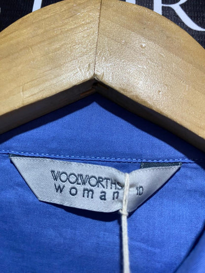 WOOL WORTHS |M| BUST 18| WOMAN BLUE LONG SLEEVE BUTTON-DOWN SHIRT WITH FLORAL EMBROIDERY