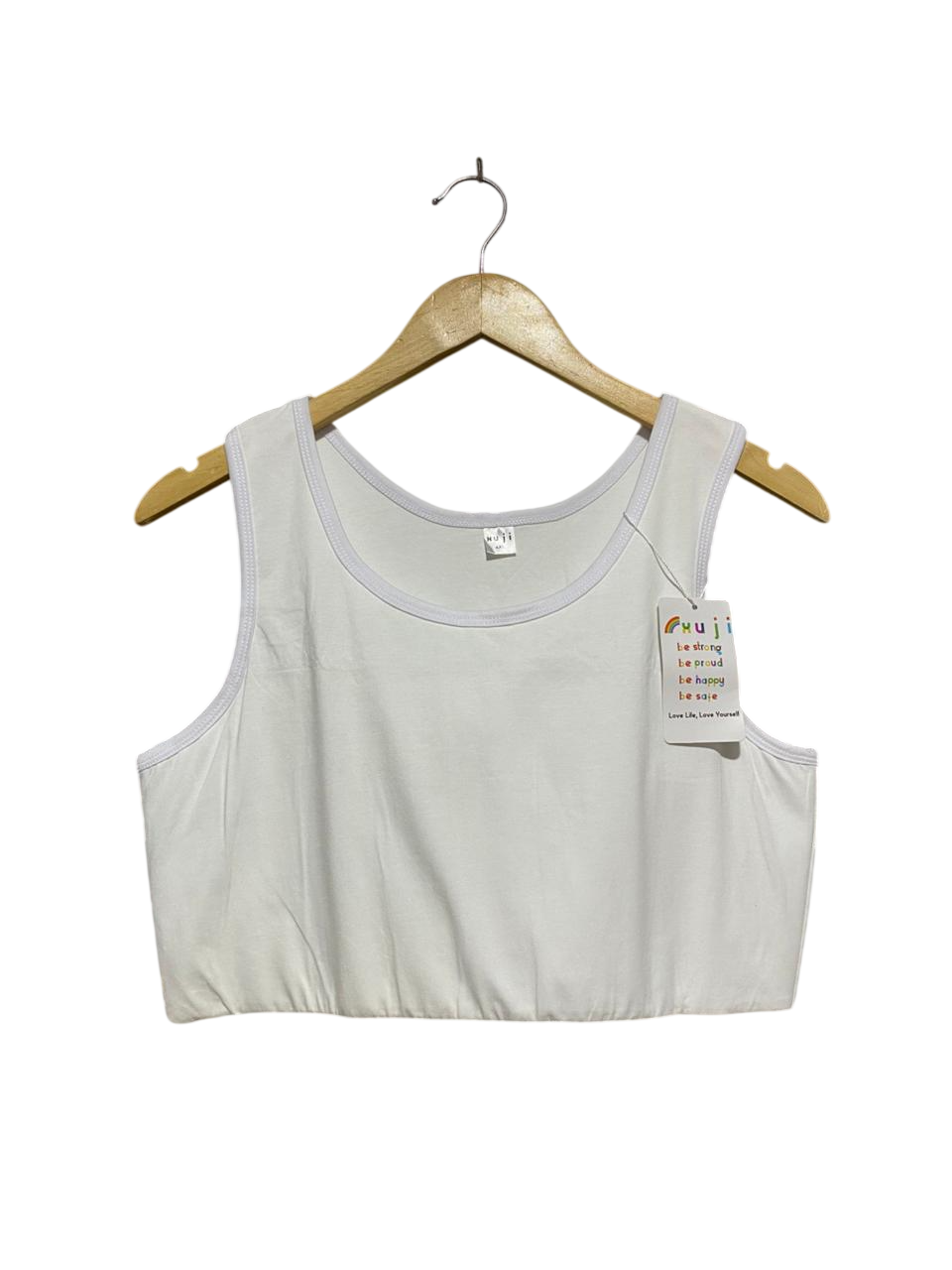HUJI |M| BUST 17| LOVE LIFE LOVE YOURSELF MINIMALIST CROP TANK CRISP WHITE