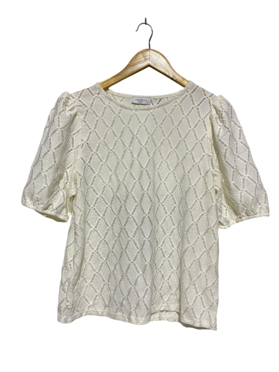 PAPAYA |L| BUST 19| LACE DIAMOND CROCHET PUFF SLEEVE TOP - OFF-WHITE / IVORY
