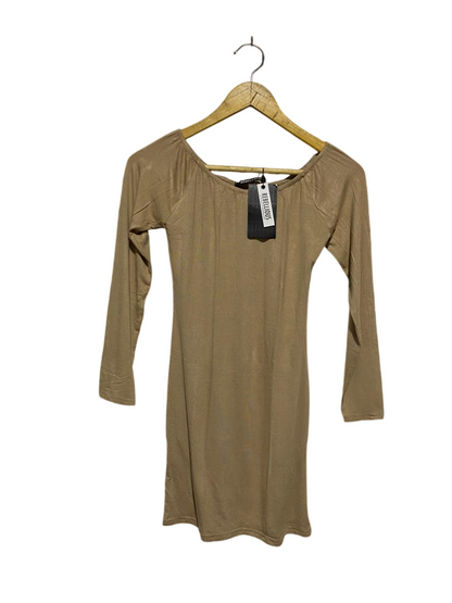 REBELLIOUS |S| BUST 14| LONG SLEEVE MINI DRESS - TAN / TOFFEE