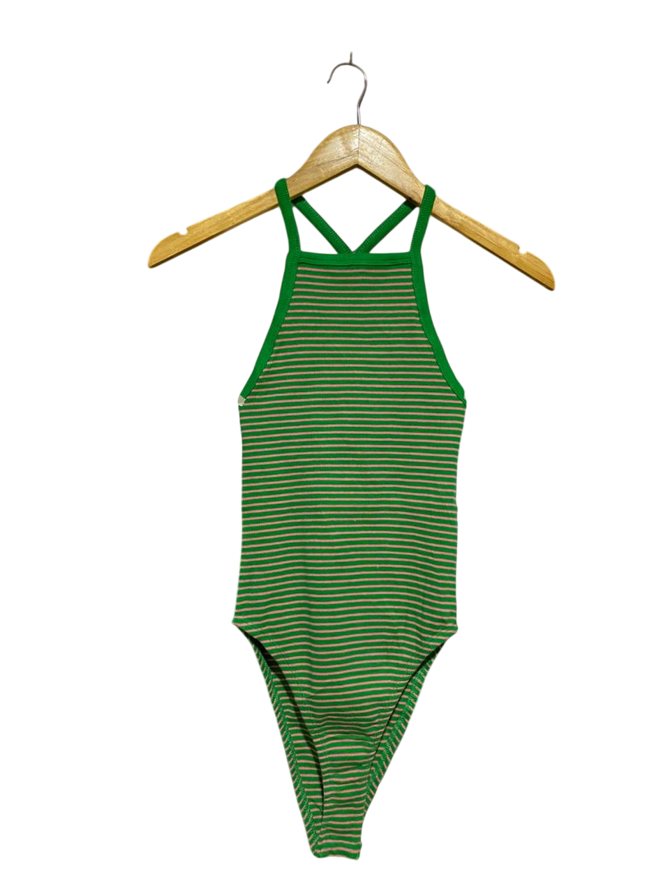 ZARA |S| BUST 11| VINTAGE GREEN AND BEIGE STRIPED HALTER NECK BODYSUIT