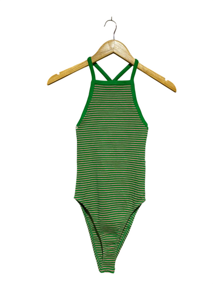 ZARA |S| BUST 11| VINTAGE GREEN AND BEIGE STRIPED HALTER NECK BODYSUIT