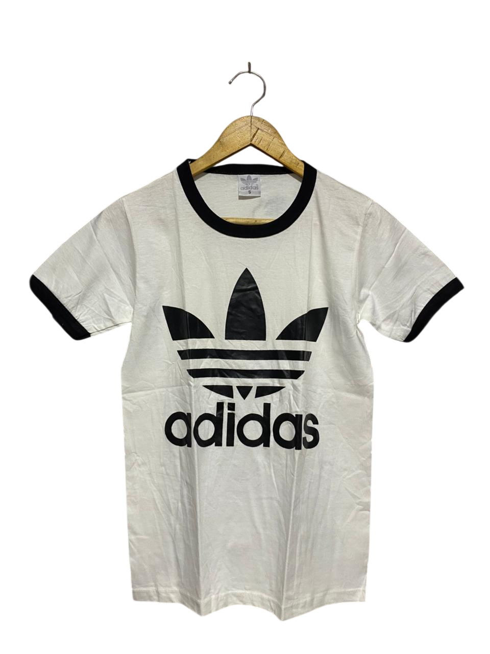 ADIDAS |S| BUST 16| C1|  ORIGINALS TREFOIL RINGER T-SHIRT – WHITE & BLACK RETRO LOGO TEE
