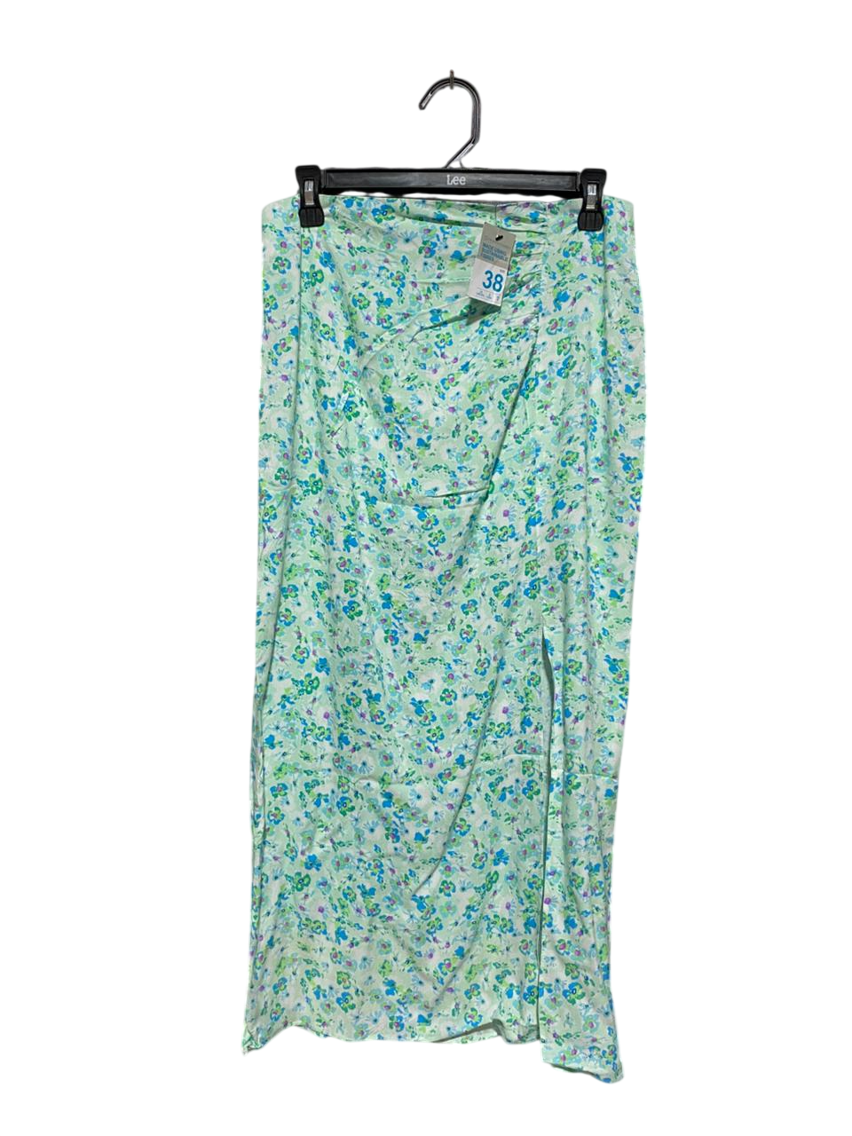 PRIMARK |L| WAIST 30| C6| MINT GREEN FLORAL SIDE-SLIT MAXI SKIRT