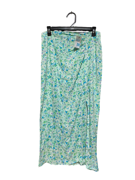 PRIMARK |L| WAIST 30| C6| MINT GREEN FLORAL SIDE-SLIT MAXI SKIRT