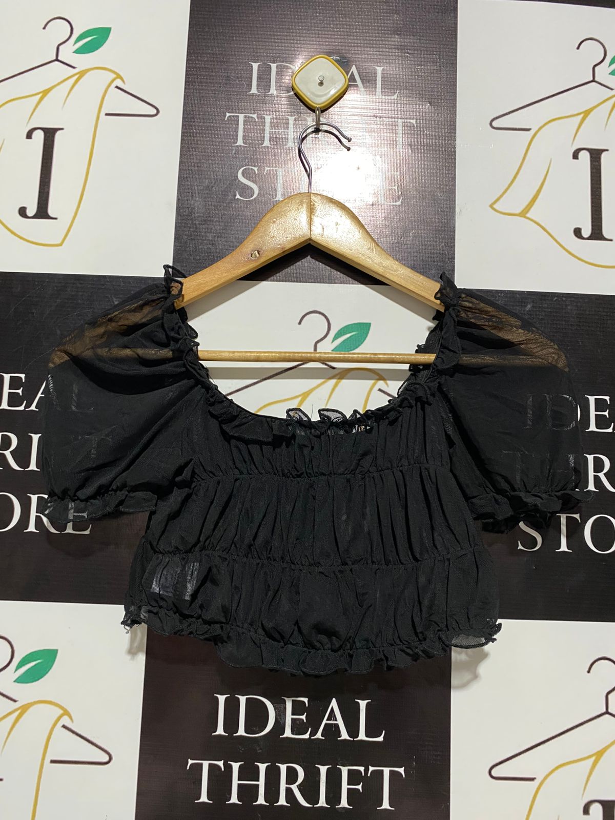 PUBLIC DESIRE |XS| BUST 11|B 11| SHEER SMOCKED BARDOT CROP TOP