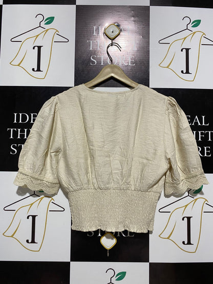 PIMKIE |M| BUST 17| NECK LACE TRIM SMOCKED CROP TOP CREAM / OFF-WHITE