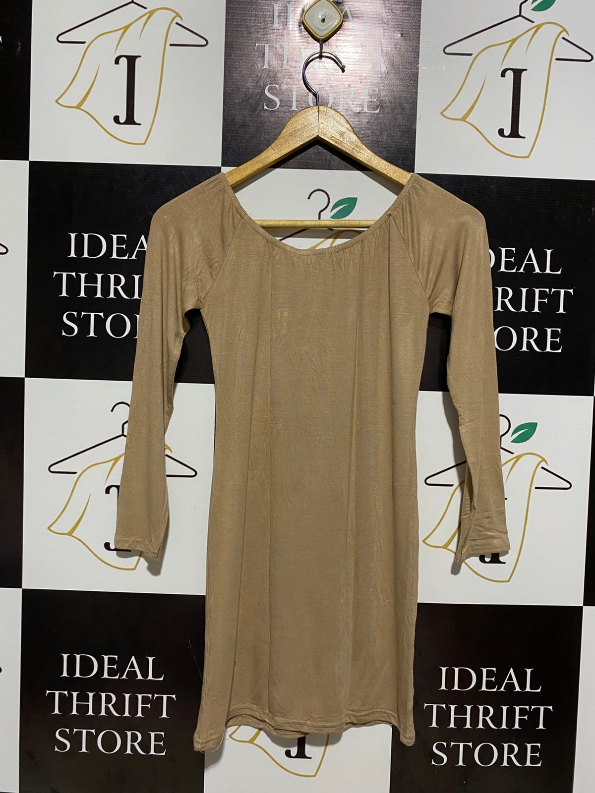 REBELLIOUS |S| BUST 14| LONG SLEEVE MINI DRESS - TAN / TOFFEE