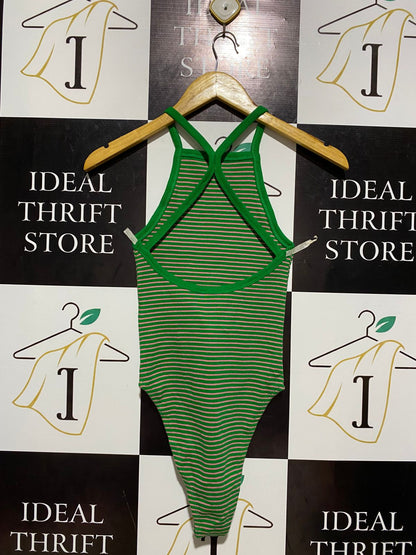 ZARA |S| BUST 11| VINTAGE GREEN AND BEIGE STRIPED HALTER NECK BODYSUIT