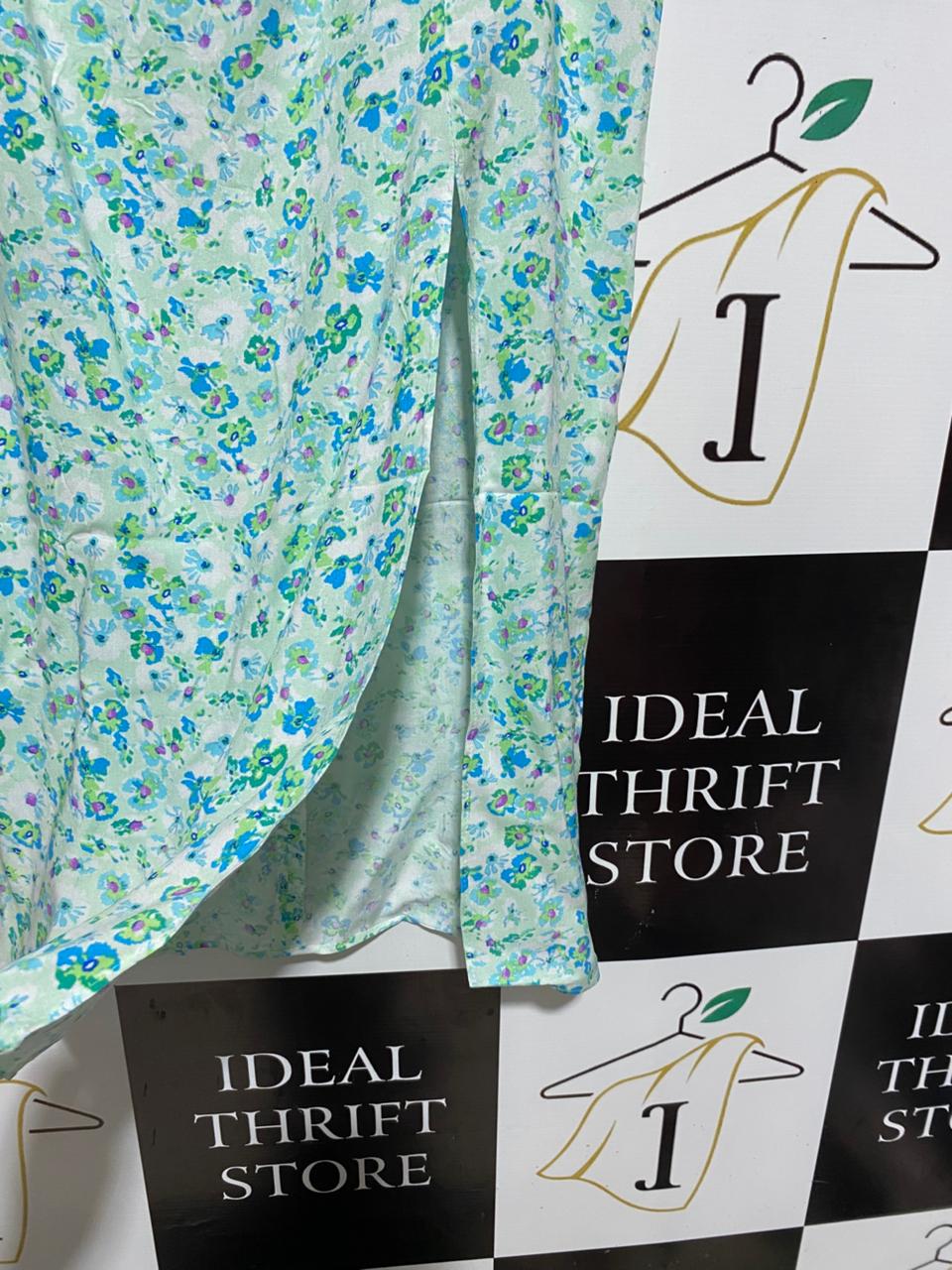 PRIMARK |L| WAIST 30| C6| MINT GREEN FLORAL SIDE-SLIT MAXI SKIRT