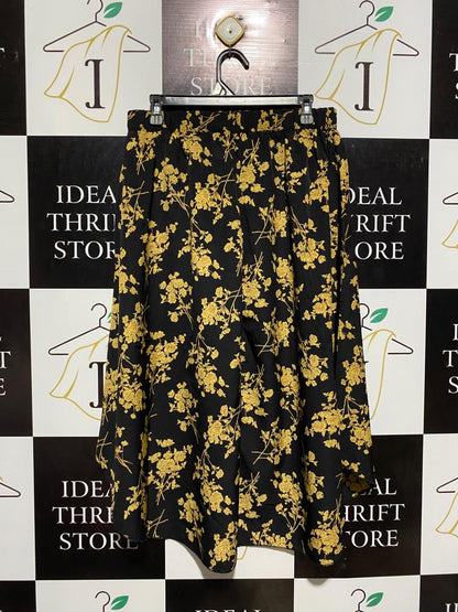 SHEIN |XL| WAIST 31| C6| VINTAGE STYLE BLACK & YELLOW FLORAL PRINT MIDI SKIRT