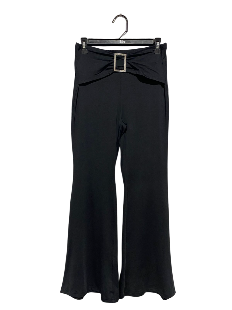SHEIN |M| WAIST 28| CHIC BLACK WIDE LEG FLARE PANTS WITH CRYSTAL BUCKLE DETAIL