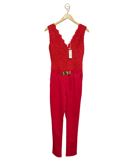 GIORGIA |S/M| BUST 16| ELEGANT VIBRANT RED LACE BUST JUMPSUIT WITH GOLD WAIST ACCENT