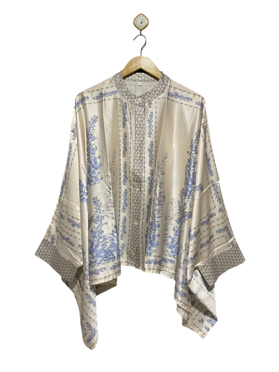 SHEIN |L| BUST FREE|B10| IVORY SILK-BLEND ORNATE PRINT KAFTAN BLOUSE