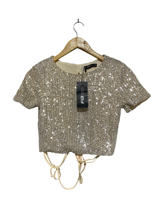 FB SISTER |S| BUST 16| SILVER SEQUIN SHORT SLEEVE CROP TOP WITH TIE