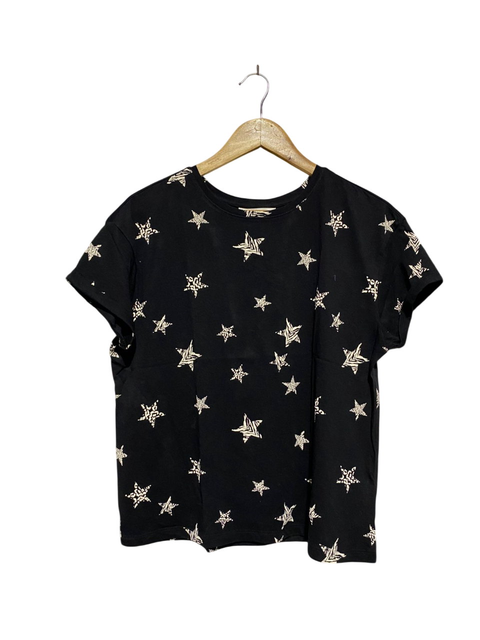 M&S |M| BUST 20| VINTAGE BLACK BOXY T-SHIRT WITH ANIMAL PRINT STAR MOTIF