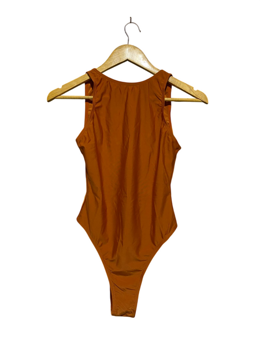 BOOHOO |S| BUST 15| SLEEK RUST ORANGE HIGH-CUT BODYSUIT / ONE-PIECE SWIMSUIT