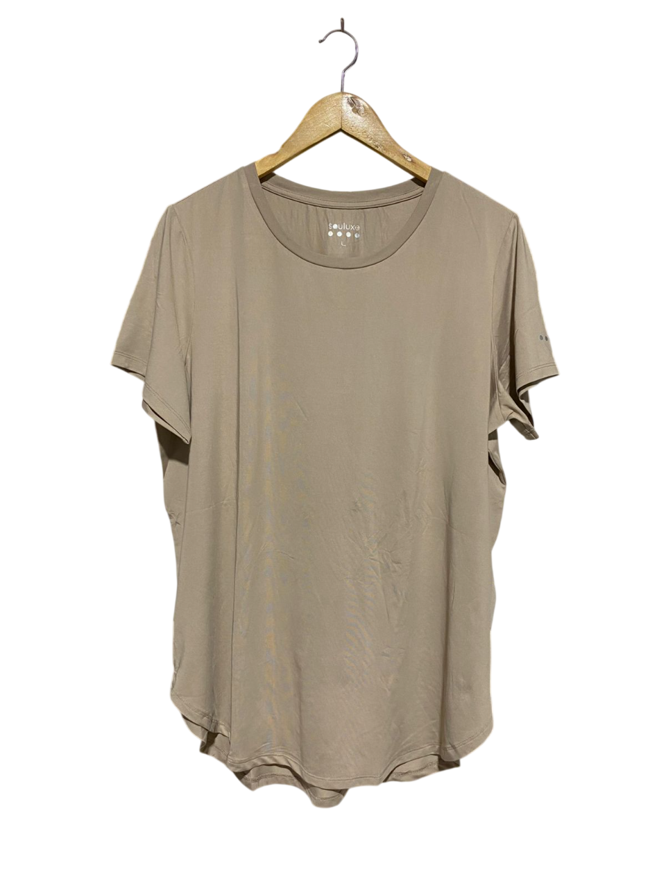 SOULUXE |L| BUST 22| ACTIVEWEAR TAN BEIGE CURVED HEM PERFORMANCE T-SHIRT