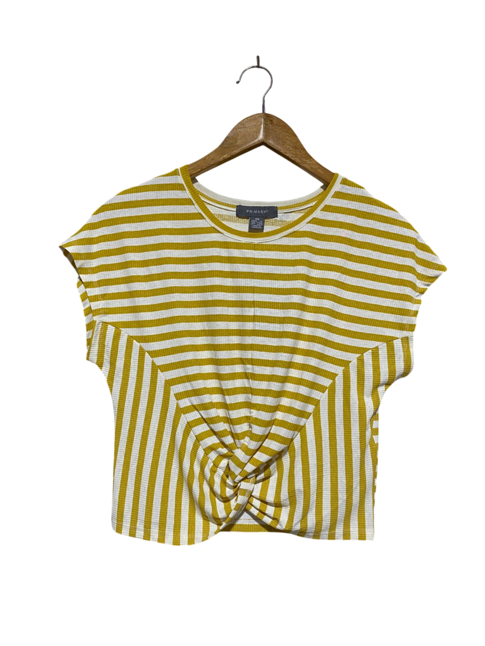 PRIMARK |XS| BUST 17| MUSTARD YELLOW AND WHITE STRIPED KNOT-FRONT CROP TOP