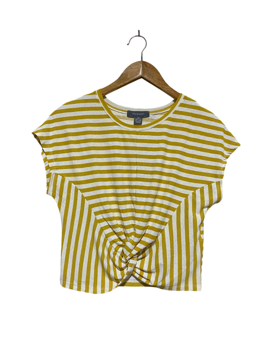 PRIMARK |XS| BUST 17| MUSTARD YELLOW AND WHITE STRIPED KNOT-FRONT CROP TOP