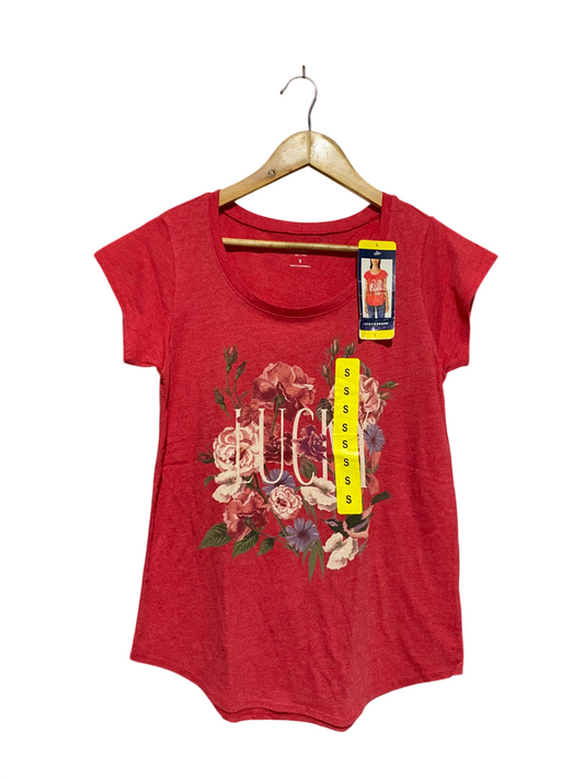 LUCKY BRAND |S| BUST 17| C1| RED HEATHERED FLORAL GRAPHIC LOGO T-SHIRT
