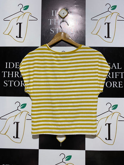 PRIMARK |XS| BUST 17| MUSTARD YELLOW AND WHITE STRIPED KNOT-FRONT CROP TOP