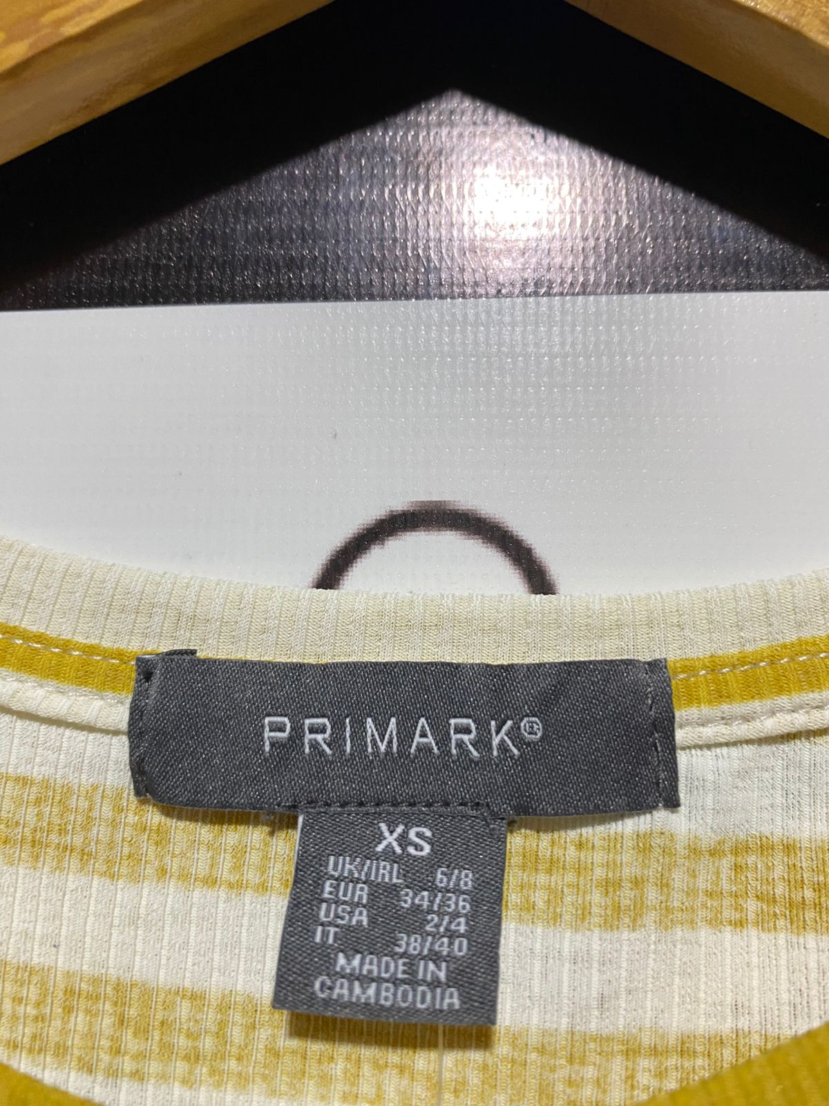 PRIMARK |XS| BUST 17| MUSTARD YELLOW AND WHITE STRIPED KNOT-FRONT CROP TOP