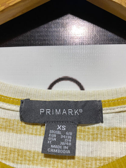 PRIMARK |XS| BUST 17| MUSTARD YELLOW AND WHITE STRIPED KNOT-FRONT CROP TOP