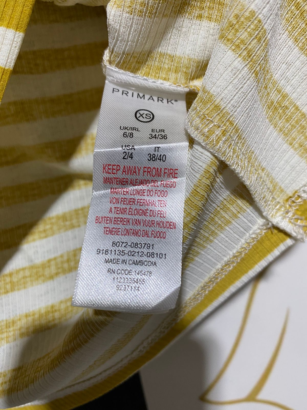 PRIMARK |XS| BUST 17| MUSTARD YELLOW AND WHITE STRIPED KNOT-FRONT CROP TOP