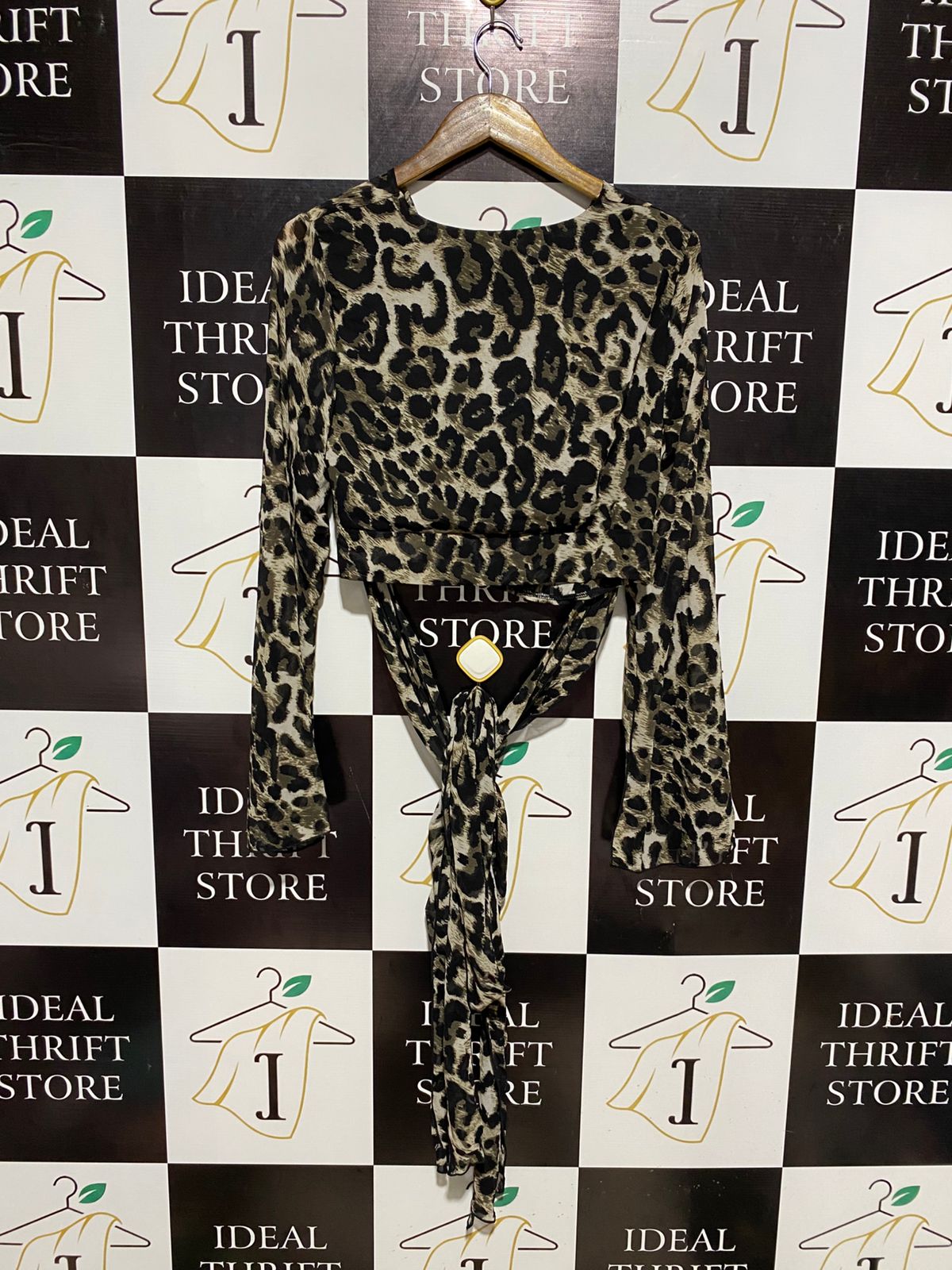 WKND GIRL |L| BUST 18|C2|LEOPARD PRINT COWL NECK CROP TOP - LONG BELL SLEEVES