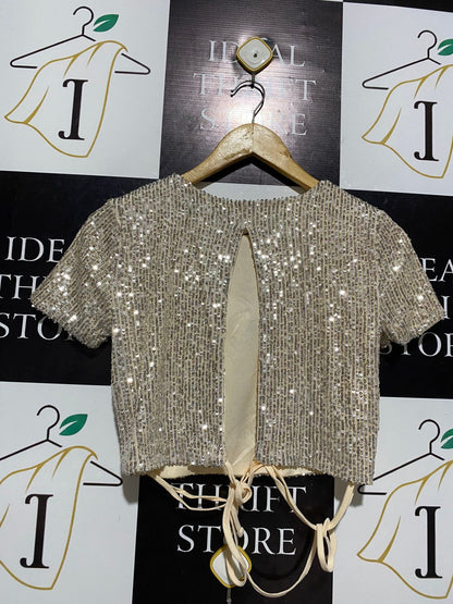 FB SISTER |S| BUST 16| SILVER SEQUIN SHORT SLEEVE CROP TOP WITH TIE