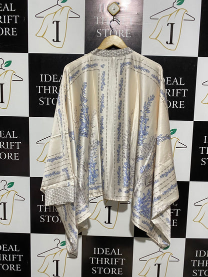 SHEIN |L| BUST FREE|B10| IVORY SILK-BLEND ORNATE PRINT KAFTAN BLOUSE