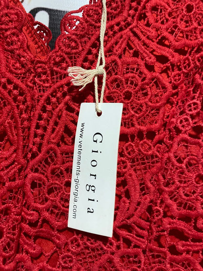 GIORGIA |S/M| BUST 16| ELEGANT VIBRANT RED LACE BUST JUMPSUIT WITH GOLD WAIST ACCENT