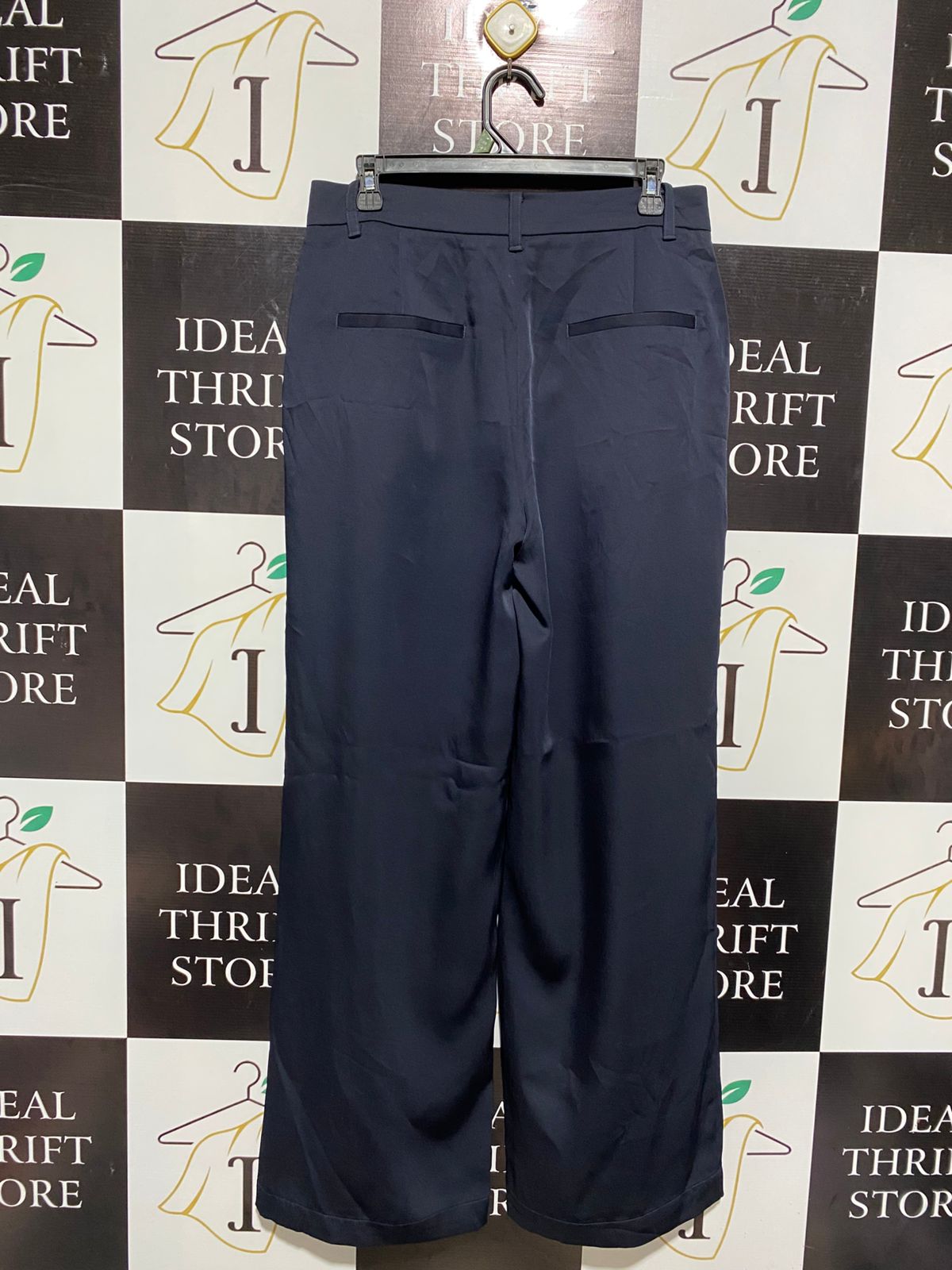 PREVIEW |L| WAIST 32| NAVY SATIN WIDE-LEG PLEATED TROUSERS