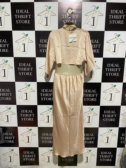 REVERSE |M| CHAMPAGNE SATIN CUT-OUT MAXI DRESS WITH OVERLAY