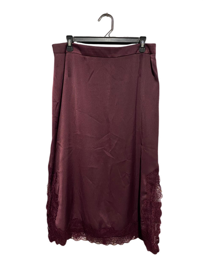 M&S |L|WAIST 34| BURGUNDY SATIN LACE-TRIM MIDI SKIRT