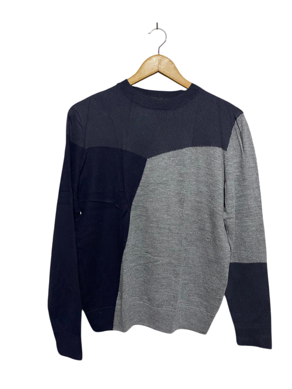ARMANI EXCHANGE |M| BUST 19| NAVY AND GREY GEOMETRIC COLORBLOCK LONG SLEEVE KNIT SWEATER |B1|